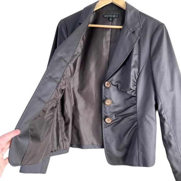 Lafayette 148 New York Satin Ruched Blazer‎ Wooden Button Front Jacket Brown, 10 - Picture 7 of 10